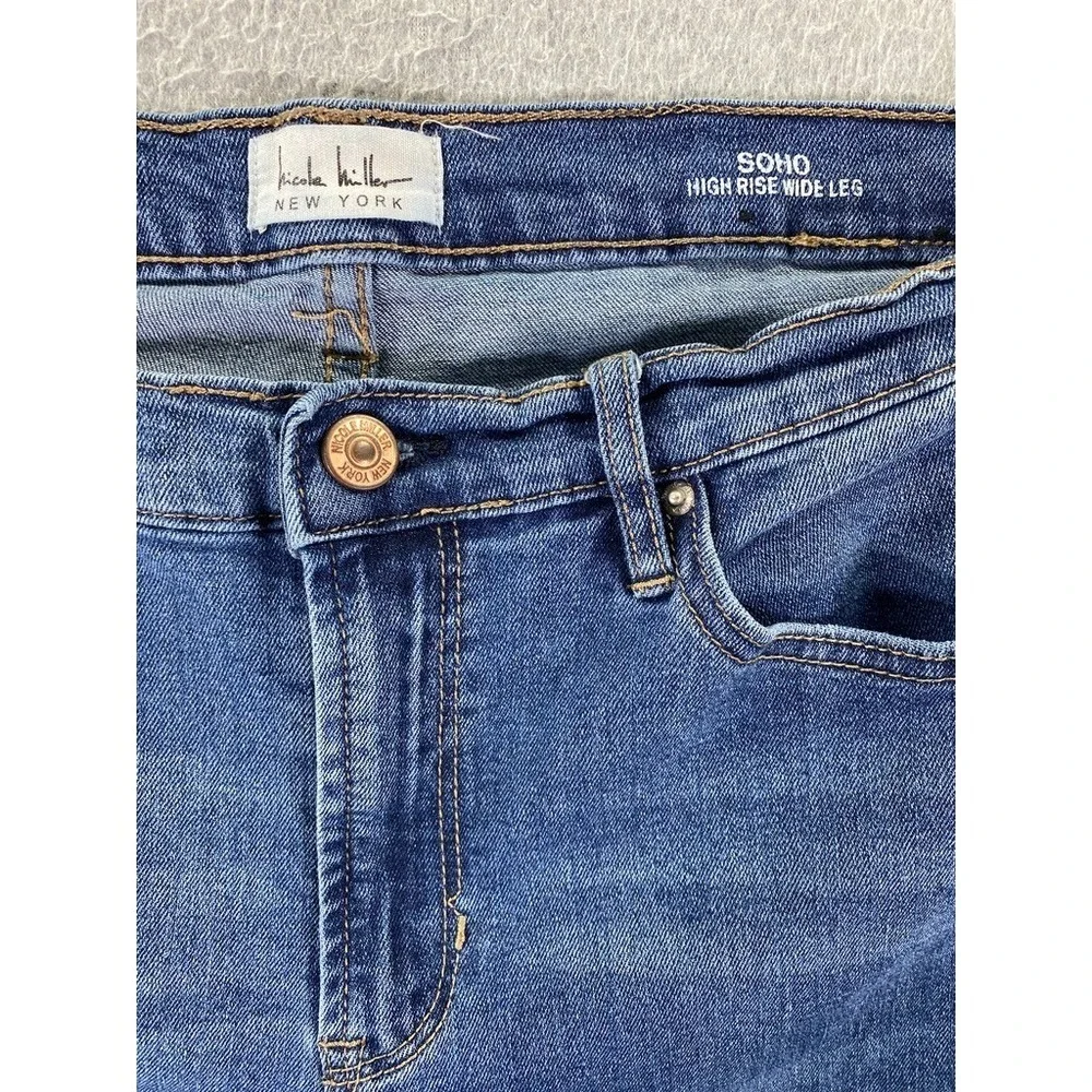 Nicole Miller Women's 12 Soho High Rise Wide Leg Jeans Med Wash Raw Split Hem